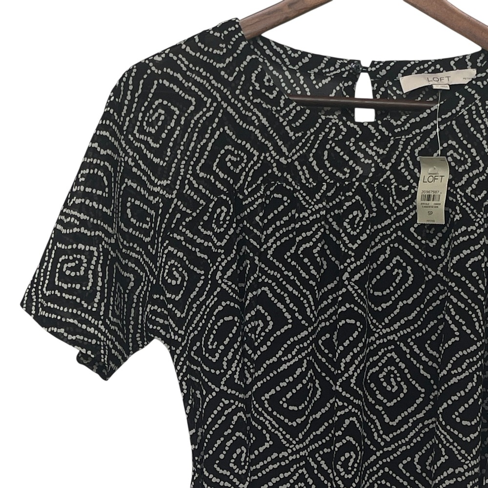 LOFT Geometric Print Dress Womens Small Petite Black NWT Belted Short Sleeve - Picture 3 of 10